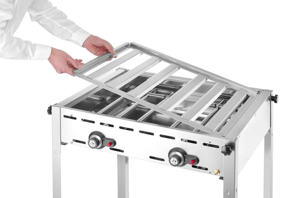 Grillsystem Green Fire mit 2 Brennern, HENDI, Profi Line, Emaillierte Grillplatte und Grillrost aus Gusseisen GN 1/1, 11,6kW, 740x615x(H)825mm