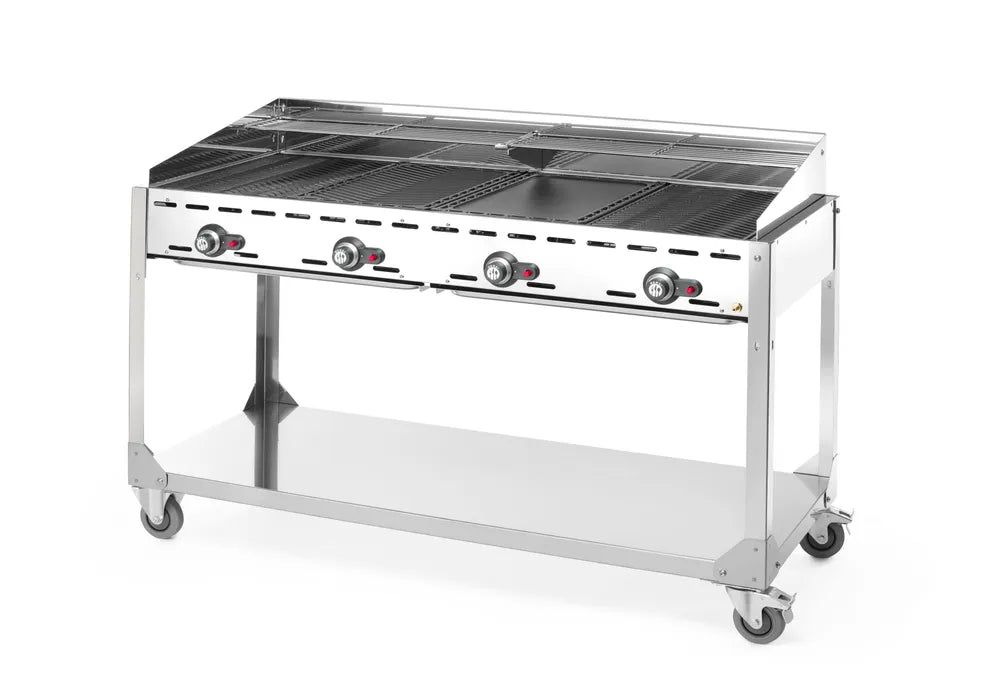 Grillsystem Green Fire mit 4 Brennern, HENDI, Profi Line, mit Rollengestell, Hellgrau, 22kW, 1400x612x(H)825mm