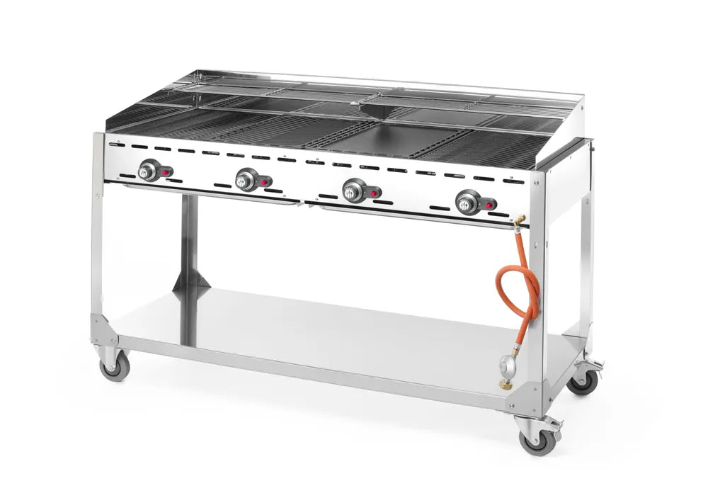 Grillsystem Green Fire mit 4 Brennern, HENDI, Profi Line, mit Rollengestell, Hellgrau, 22kW, 1400x612x(H)825mm