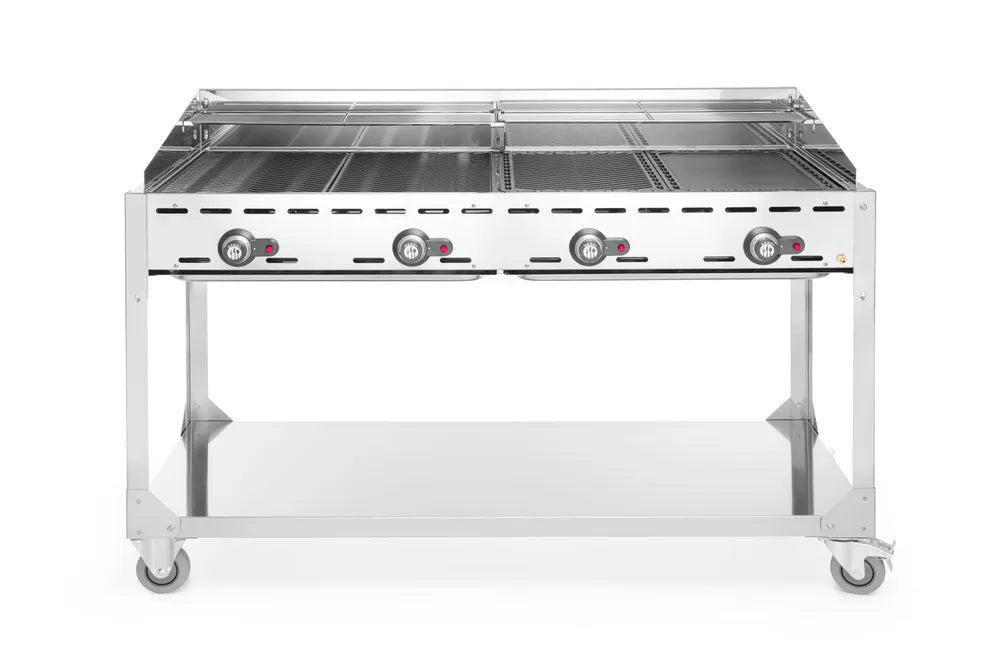 Grillsystem Green Fire mit 4 Brennern, HENDI, Profi Line, mit Rollengestell, Hellgrau, 22kW, 1400x612x(H)825mm