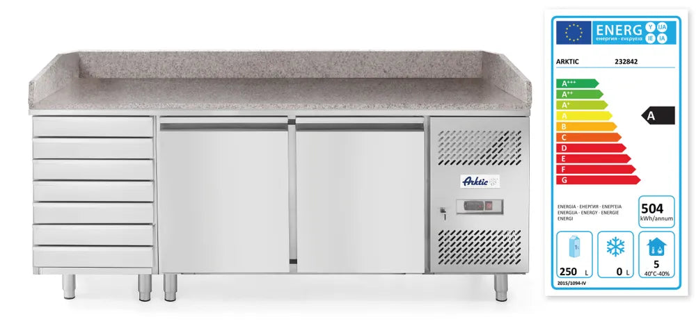 Pizzatisch, zweitürig mit 7 Schubladen 280L, Arktic, 250L, 230V/250W, 2020x802x(H)1000mm