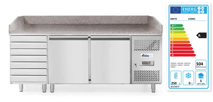 Pizzatisch, zweitürig mit 7 Schubladen 280L, Arktic, 250L, 230V/250W, 2020x802x(H)1000mm