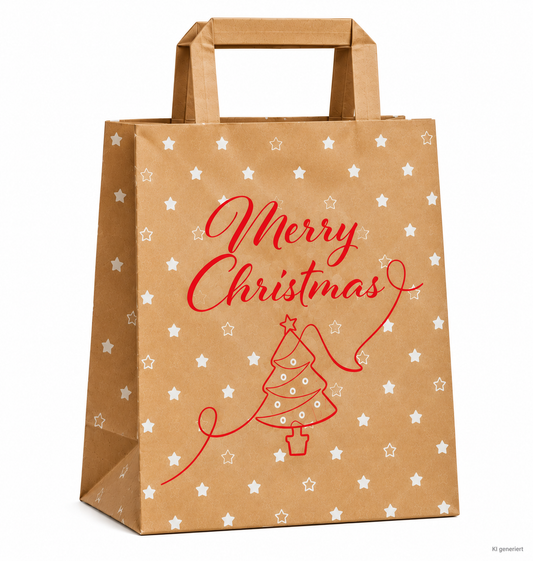 Papiertasche Tragetasche Merry Christmas braun 26+17x25cm - 50 Stück