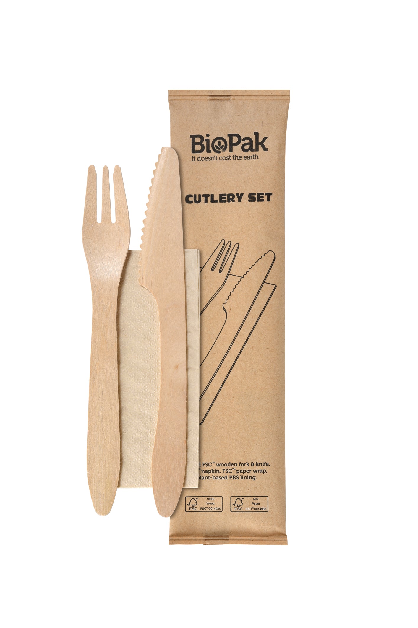 Holz Besteckset 18cm (Messer, Gabel, Serviette) - 400 Stück